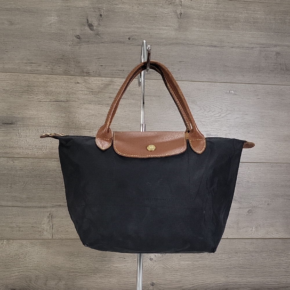 Longchamp Lepliage Classic Black Top Handle Tote with Brown Leather Trim